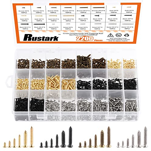 Rustark 2200Pcs M2 M2.6 Flat Head Phillips Cross Small Wood Screws Tapping Screws Electronic Screws Assortment Kit 5mm 6mm 8mm 10mm 12mm 16mm Tapping Screws Small Metric Micro Screw Set