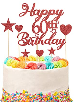 Mobile Stuff Happy 60th Birthday Cake Topper Set, 60th Birthday Cake Topper with Heart Star Cupcake Cake Topper Picks Glitter Cake Decoration for Birthday Party Cake Supplies - 9pcs (Red)