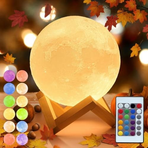 Mydethun 2025 Aktualisieren 16 Farben Mondlampe mit Holzsockel, Geschenk zu Weihnachten,12cm LED 3D Mondlicht, Fernbedienung, Nachtlicht, Lampe für Kinder,Mädchen,Schlafzimmer,Heimdekoration