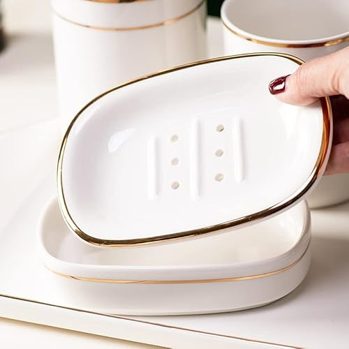 Self Draining Soap Dish, Double-layer Bar Soap Tray, White Ceramic Soap Dish with Elegant Patterns (White With Gold Line)
