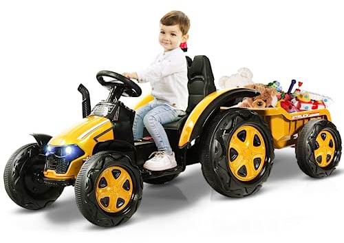 COSTWAY Trattore Elettrico per Bambini con Rimorchio, 2 in 1 Go Kart e Trattore per Bambini 3-8 Anni, con Telecomando e Cintura di Sicurezza a 2 Punti (Giallo)