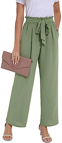 PrinStory Damen Hose Mit Weitem Bein Leichte Elastische Taille Sommer Hose Mit Taschen Kausale Arbeit Hose