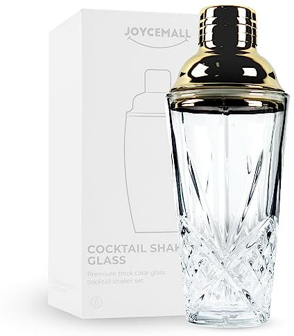 JOYCEMALL 400ML Crystal-Klarglas Cocktail Shaker - Lecksicher mit Edelstahl-Deckel (Messbecher-Design), Integriertem Sieb & Geschenkbox, Ideal für Zuhause Bar, Party & Whisky, Fruchtsäfte - Gold