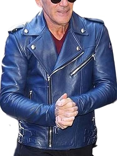Suiting Style - Chaqueta de motociclista para hombre Antonio Banderas, estilo biker, de piel auténtica azul