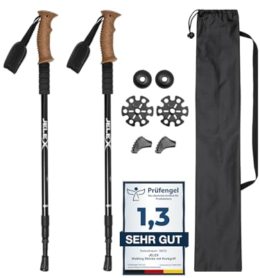 JELEX Nature Teleskop Walking Stöcke für Nordic Walking verstellbar, inkl. diverser Aufsätze für Outdoor Aktivitäten, ultraleichte Wanderstöcke mit Antishock-Technologie (Schwarz Premium)