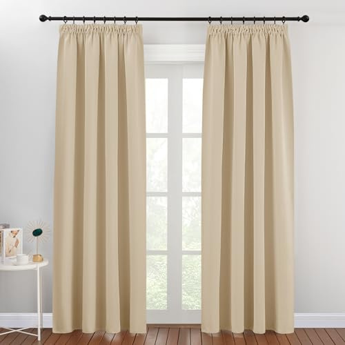 PONY DANCE Pencil Pleat Door Curtain Blackout - 2 Panels Thermal Insulated Curtains for Living Room Privacy Screen Heat Cold Blocking, 46 inch Width x 84 inch Drop, Biscotti Beige