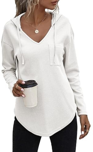 Cuptacc Tee Shirt Manche Longue Femme Pull Long Col V T-Shirts à Manches Longues Chic Blanc,XL 46-48