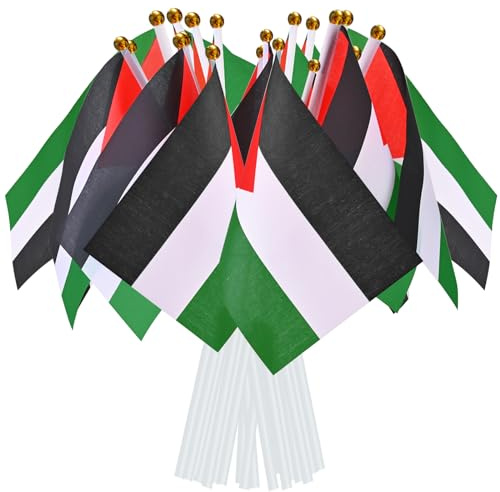 AhfuLife Petit Drapeau Palestine - 15Pcs Mini Drapeaux Palestinien avec Poteau Solide Blanc 30cm pour Jardin Bar Jour de Catastrophe, Jour de l'Indépendance, Procession, Célébration Fête Nationale