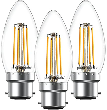 paul russells LED Filament Candle – Dimmable Bayonet Cap B22 Light Bulbs, 4.5Watt 470Lumens C35 LED Bulbs, 40w Equivalent, 2700K Warm White Dimmer BC Energy Saving Chandelier Lamps, 3 Pack