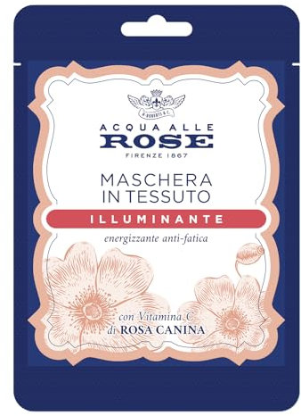 Acqua Alle Rose, Maschera Viso in Tessuto Illuminante Con Vitamina C di Rosa Canina, Azione Idratante Anti-Fatica, Ravviva ed Energizza la Pelle Spenta e Opaca Monouso, 1pz