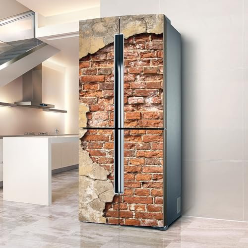 Pegatinas para refrigerador, Pegatina para Nevera, Cubierta Completa para Puerta, Cubiertas para Nevera, Pegatinas de Pared para calcomanía Cocina, Pared de ladrillo Vieja dañada Retro