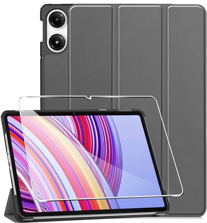 Cover per Redmi Pad Pro 5G/ 4G / Xiaomi POCO Pad 12.1 inches custodie +1 Pezzi Vetro Temperato,Gomma Protezione Protettivo,Ultra Sottile Antiurto Anti-Graffio TPU Flessibile Case -Grigio
