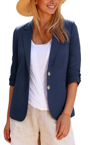 LADI TREND Elegante giacca a balzers in cotone e lino a maniche lunghe mezza foderata con risvolto con 2 bottoni e tasche a filetto singole da donna UK casual business abiti e giacche, N_blu navy, M