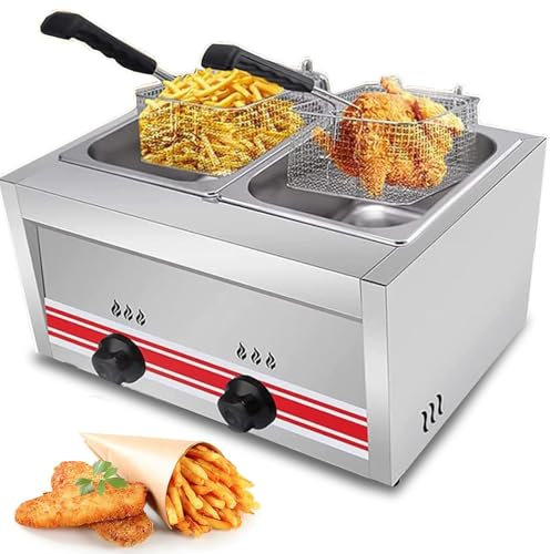 Dfdieratve Freidora de Gas para Encimera Comercial de 20L con 2 Cestas, Freidora de Propano Glp, Freidora de Acero Inoxidable, Freidora de Encimera para el Hogar, Cocina, Restaurante
