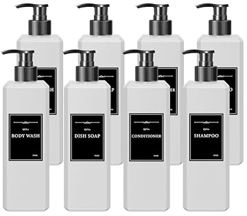 QlyYea 8 Stück Seifenspender, 500 ml – Pumpspender aus Kunststoff in Weiß Matt, Nachfüllbare Flasche mit Aufklebern für Badezimmer und Küche, Ideal für Flüssigseife, Handseife & Duschgel