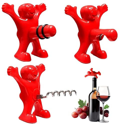 Apribottiglie Vino Divertente, 3 Pezzi Tappo Man, Cavatappi per Bottiglia, Regalo, Set per Birra - Bar, Abitazioni, Ristoranti (Rosso)