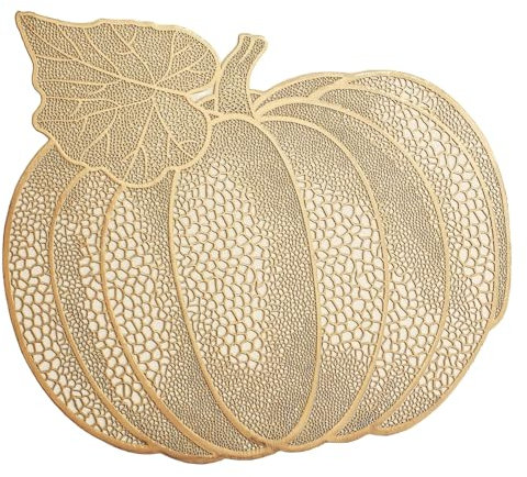 Wambere 4 Stück PVC Kürbis Tischset Vintage Platzset rutschfest Hitzebeständig Abwaschbar Abgrifffeste Platzdeckchen Untersetzer Halloween Tischdekoration für Küche Zuhause Restaurant,Gold