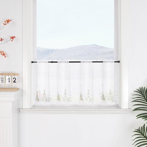 SCHOAL Scheibengardine mit Lochleiste Bistrogardine mit Stickerei Scheibenvorhang mit Weihnachtsbaum Transparent Vorhang Voile Kurzgardine Weihnachten 1 Stück HxB 60x120 Weiß