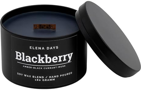 Elena Days, Duftkerze, starker Duft, schwarz, Geschenke für Männer, 100% Sojawachs, Duftkerze mit Holzdocht, kniesterde kerze, klein, 45h, 180g Duft Beere, Amber, Vanille