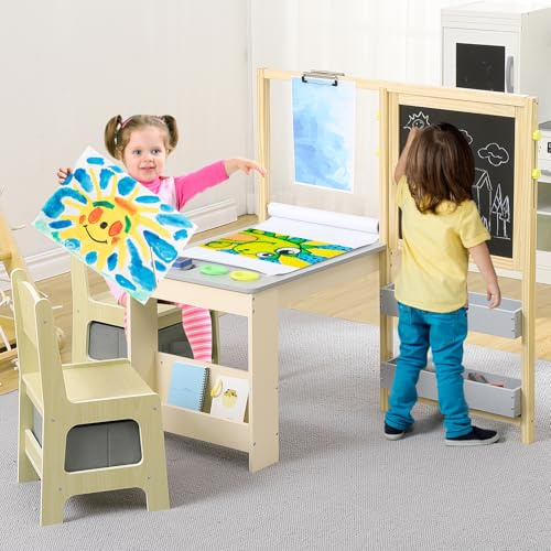 Wooden Easel for Kids, Kids Art Table and 2 Chairs,Art Center With Double-Sided Blackboard & Whiteboard, Paper Roll for Drawing, Crafts, Writing, Toddler Activity Table With Storage, Kids Table and Ch