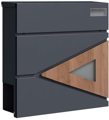 SCHARTEC Briefkasten SPB-8 anthrazit mit Holz Design und Zeitungsfach modern & groß Wandbriefkasten Postkasten