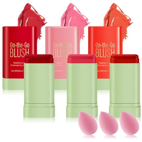 3PCS Blush Stick for Cheeks,Multi-use Solid Matte Makeup Stick Blush Cream for Cheek Eyes and Lips Tint,Moisturizing Tinted Cream Blush,Natural Blendable Cheek Blusher with 3 Makeup Sponges