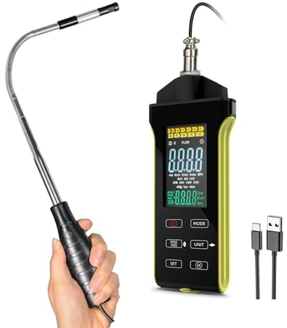 Anémomètre Thermique - Appareil de Mesure de la Vitesse du Vent Numérique avec Capteur Télescopique Hotwire - Mesure le Flux D'air et la Température CFM/CMM - Charge de Type C - Max/Min/Data Hold pour