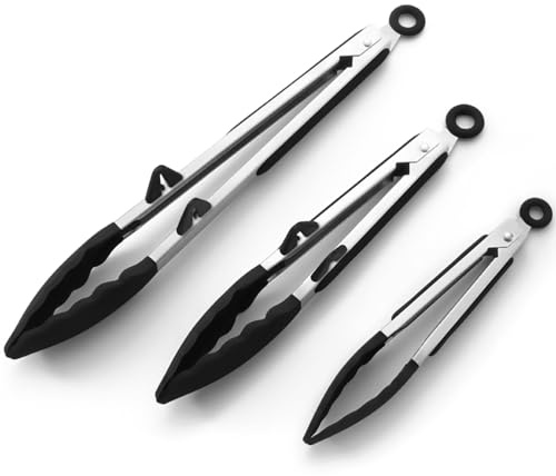 Silicone Kitchen Tongs, 3Pcs Tongs for Cooking with Silicone Tips, Food Grade Small Tong, Mini Serving Tong for BBQ Salad, Black, 7+9+12