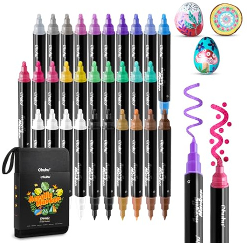 Ohuhu Acrylstifte, 30 Stück Wasserfest Lichtecht Hohe Opazität Permanent Doppelspitze (Feine & Runde) Acrylic Marker Metallische Farben für Steine Bemalen Zeichnen Holz Glas Keramik Ostereier Kürbis