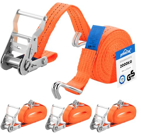 Spanngurte HOMELUX 4 Stück Spanngurte mit Ratsche und Haken | 6m x 3,5cm - 2000kg Zurrgurte mit Ratsche - TÜV/GS geprüft - Ratschengurt Zurrgurte für Ladungssicherung