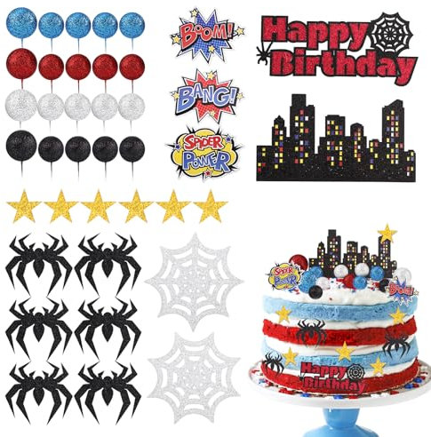38pcs Spider Theme Cake Toppers, Spider Cake Decorations Foam Balls Happy Birthday Spider Web Decorations for Boys Men Birthday Baby Shower Spider Theme Parties