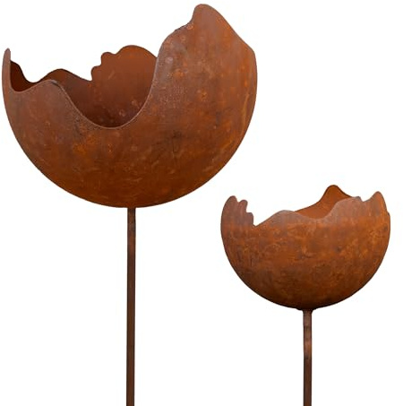 Lot de 2 boules de feu en métal rouillé - 92/70 cm - Photophore avec piquet - Décoration de jardin