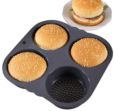 Hamburger Bun Pan - Hamburguesa de silicona hueca, molde para molde de molde | Sartén para pan reutilizable, acero al carbono, molde flexible para magdalenas, pasteles whoopie, panecillos