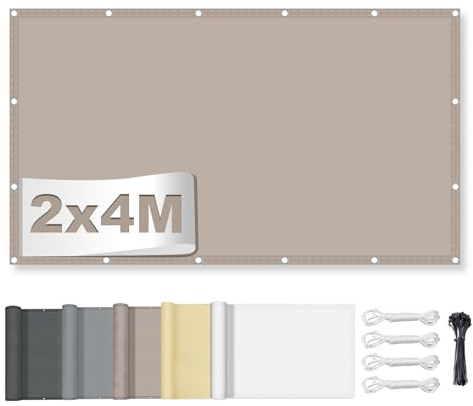 Sonnensegel Wasserdicht Rechteckig mit Ösen 2x4M, Markisenstoff 95% UV Schutz, Sonnenschutz Markise Reißfest Wetterfest mit Seil, für Balkon Terrasse Garten, Khaki