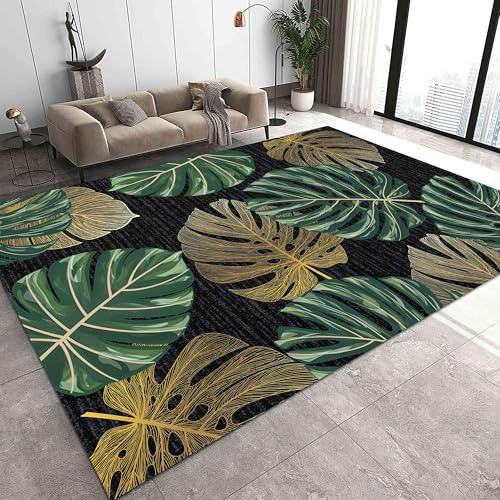 ZCLRUG Luxurious Golden Leaves Black Area Carpet, 60x110cm, Tropical Plant Monstera Print Washable Rug, Anti-Slip Bedside Rug, Reduce Noise Office Carpet, Foldable Lightweight Mats for Living Room