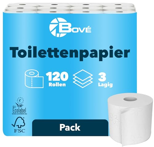 BOVE Papier toilette triple épaisseur – 120 rouleaux, 125 feuilles par rouleau – Blanc, 100 % cellulose, motif discret – Papier toilette extra doux et indéchirable – Certifié FSC et Ecolabel