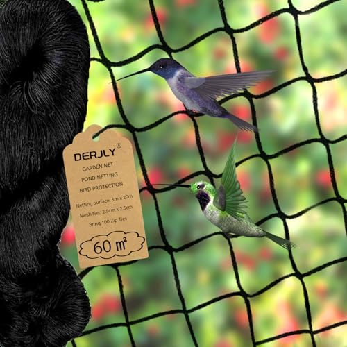 DERJLY Garden Mesh Bird Netting: 3m x 20m Heavy Black Woven Net - Reusable with Cable Ties for Outdoor Protection Fish Pond Fruit Plant Vegetable