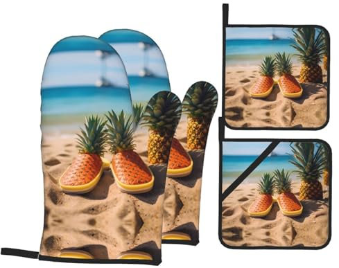 Mitaines De Cuisine Chaussons Imprimés Ananas Anti Chaleur Baking Gloves Professionnel Maniques Cuisine pour Cuisson Femmes Barbecue,4 Pièces