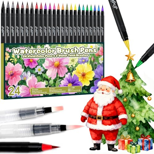 ThEast 24 Aquarellpinsel Stifte + 2 Wassertankpinsel, Aquarell Pinselstifte für Bullet Journal, Handlettering, Kalligraphie, Aquarellmalerei, Brush Pen Set für Künstler & Anfänger