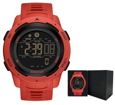 XFLHXY Montre Numérique pour Homme, Podomètre, Compteur de Pas, Calories, Militaire, Bracelet en Caoutchouc, Chronomètre, Alarme, Rétroéclairage LED, Compte À Rebours(Red)