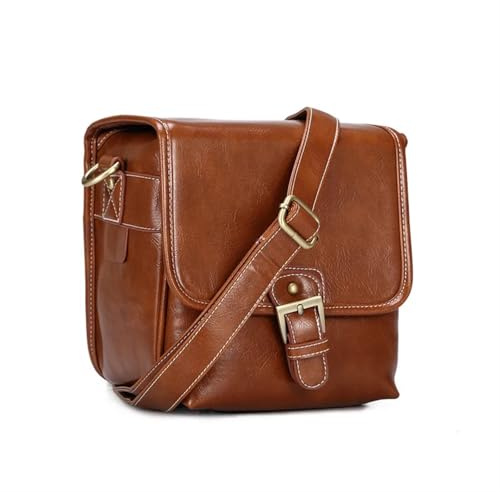 Borsa Macchina Fotografica Borsa for Fotocamera, Elegante, alla Moda, retrò, in Pelle PU, Borsa a Mano, Impermeabile, a Tracolla, Borsa DSLR(Light Brown,S)
