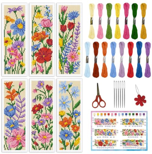 INFUNLY 6 PCS Wildblumen Kreuzstich Lesezeichen Set Zum Selbermachen Für Anfänger Bunte Blumen Kreuzstich Set Mit Anleitung Floral Gestempeltes Stick Lesezeichen Sets Für Buchliebhaber Leser Geschenk
