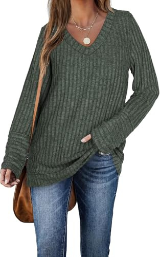 DUOEASE Felpa Donna Senza Cappuccio Maniche Lunghe Maglioni Donna Scollo a V Autunno e Inverno Verde scuro-3XL