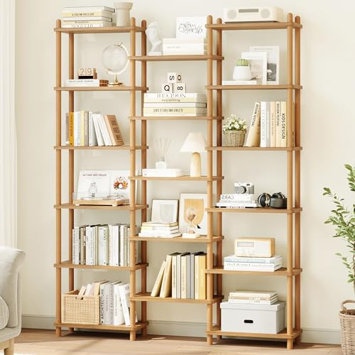 IOTXY Wooden Triple Wide Bookshelf - 6-Tier Large Shelf Bookcase with Solid Beech Frame, Tall Freestanding Open Etagere Display Rack for Home Office, Oak