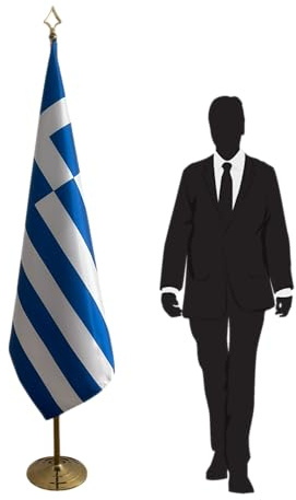 Drapeau Grèce avec mât et pied – drapeau pour représentations diplomatiques, ambassades, consulats, ministères, administrations, universités, collectivités, cérémonies internationales. Code CN6-GR-L