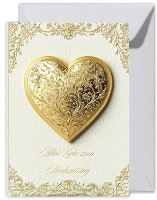 WBdesignz Jubiläum Karte mit Umschlag - Gold Herz Verzierung Geschenkkarte zum Jahrestag Hochzeitstag Partnerschaft Ehe Beziehung Glückwunsch (XXL DIN A4, Goldenes Herz)