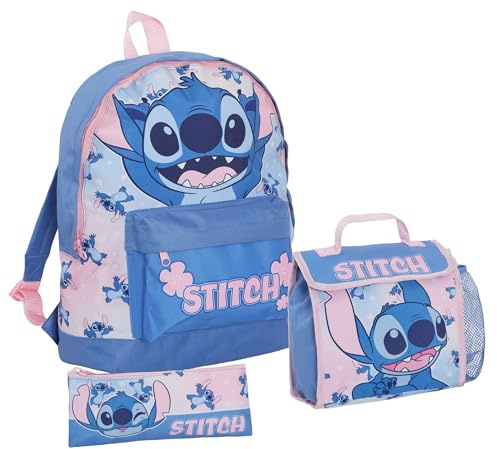 Disney Juego de mochila Stitch + bolsa de almuerzo + estuche para lápices, juego de mochila escolar de 3 piezas para niñas, Blue, Talla única