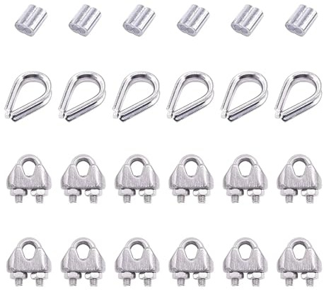 DZNDM0EVT Wire Rope Clamp Kit de Abrazaderas for Cable de Acero de 2 mm con guardacabos y Manguitos (Paquete de 24 Unidades), Color Plateado