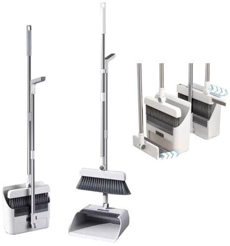 4-in-1 Dustpan and Brush Set Long Handled, 180° Rotating Broom with Upright Foldable Dustpan & Teeth Comb, Space-Saving Standing Broom and Dustpan for Home Kitchen Office