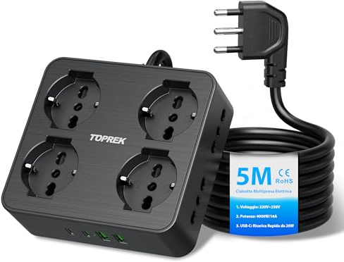 TOPREK Ciabatta Multipresa Elettrica con 8 Prese e 5 Metri, 1 Interruttore